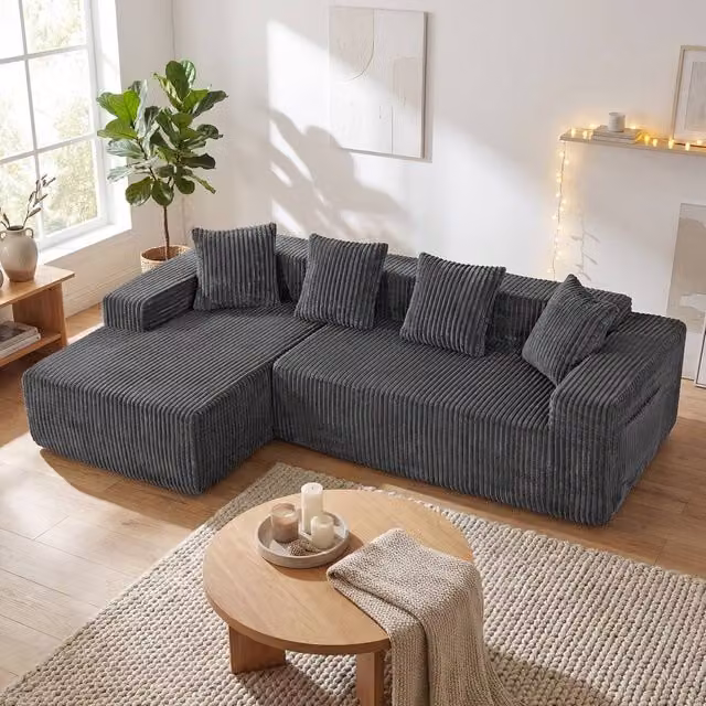 Dprodo 4 Seater Modular Left L-Shaped Sectional Sofa in Grey Velvet Cord – 1