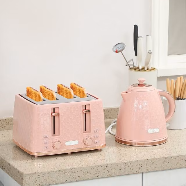 HOMCOM Kettle and 4-Slice Toaster Set with 7 Browning Settings in Light Pink