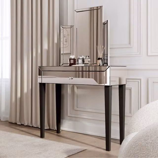Carme Silver Tri-Fold Mirrored Dressing Table with Glossy Glass Finish