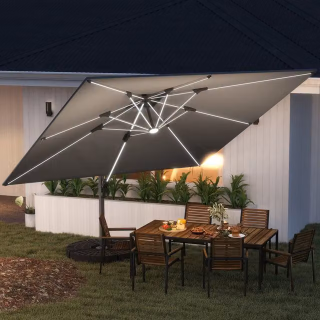 Outsunny Grey Cantilever Garden Parasol with Solar LED Lights and Aluminium Frame