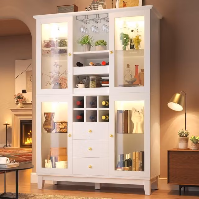 Aosom UK White Wine Cabinet with App-Controlled RGB LED Lighting and Glass Doors, H 180.5 x W 40 x D 40 cm