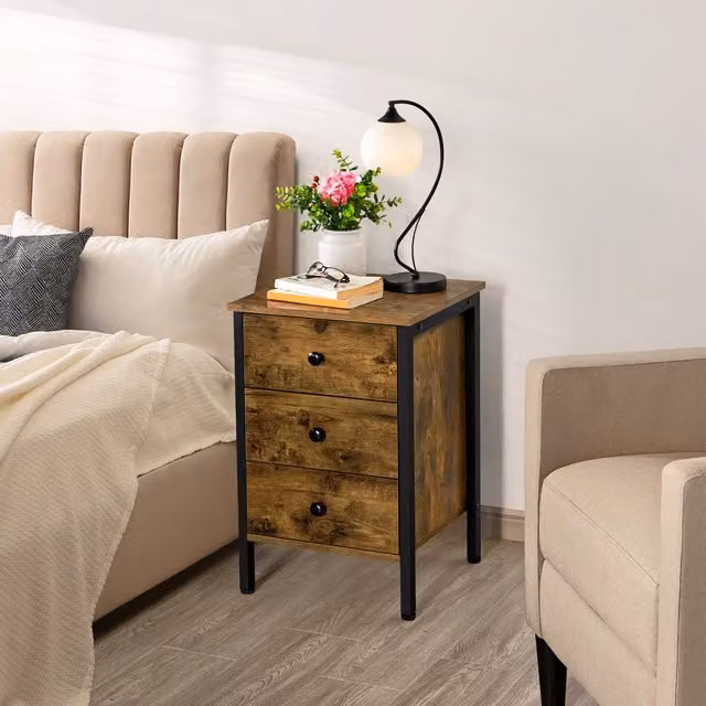 Yaheetech Rustic Brown 3-Drawer Bedside Table with Metal Frame