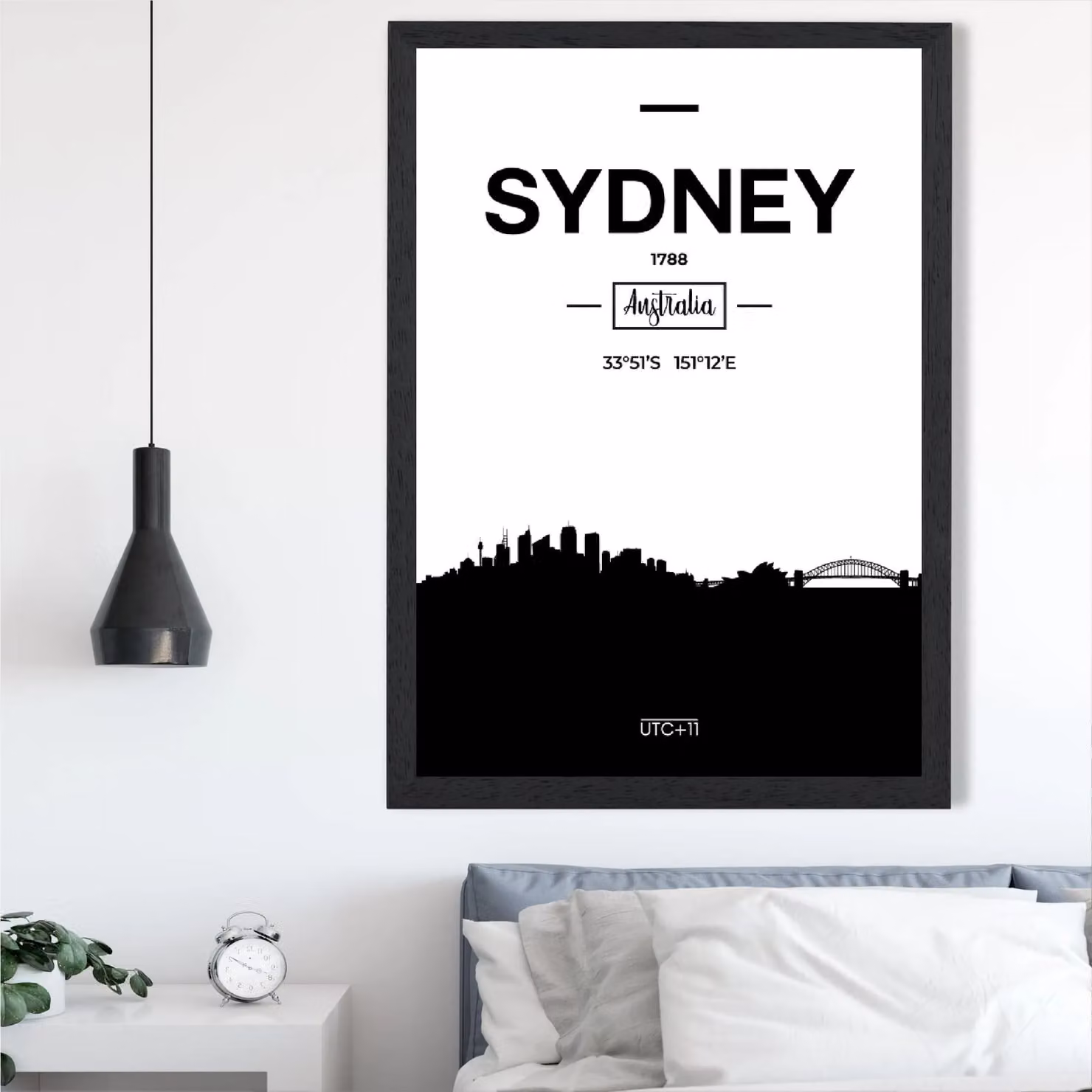 ARTZE Sydney Black and White City Skyline Framed Print in Black Frame, A3 – 2