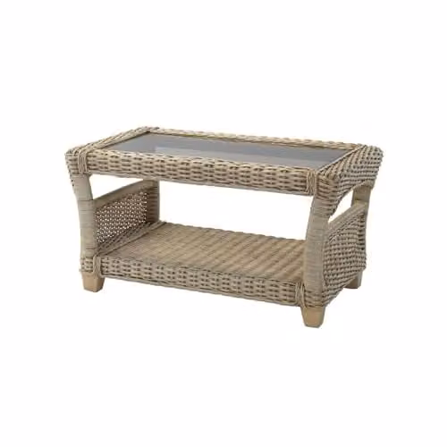 Desser Arlington Wicker Coffee Table with Glass Top and Storage Shelf in Brown and Beige, H48cm x W88cm x D57cm – 1