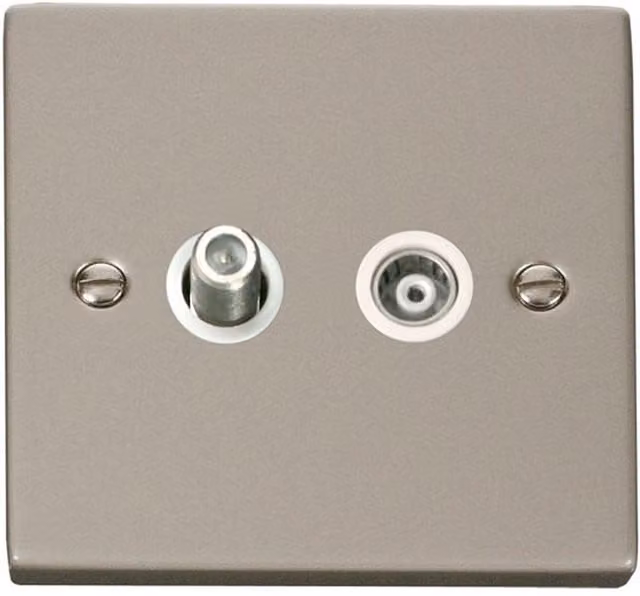 SE HOME White Surface Mount 1 Gang Pearl Nickel Satellite and Isolated Coaxial Socket