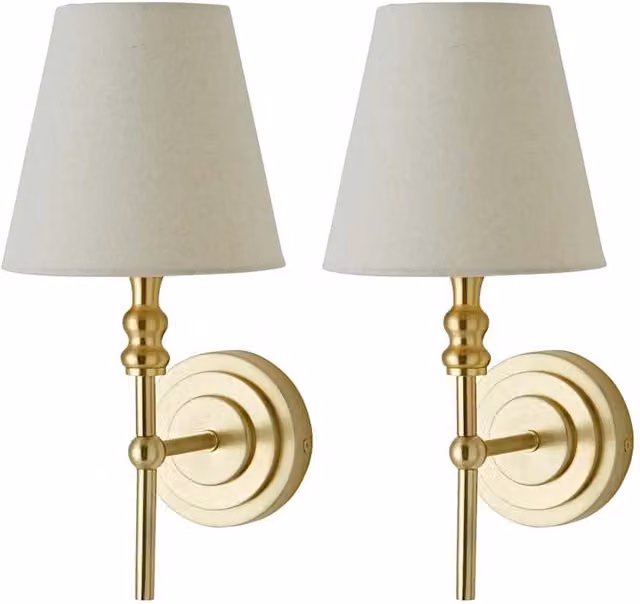 ValueLights Maggie Pair of Gold Wall Lights with Beige Fabric Cone Shades and Bulbs – 1