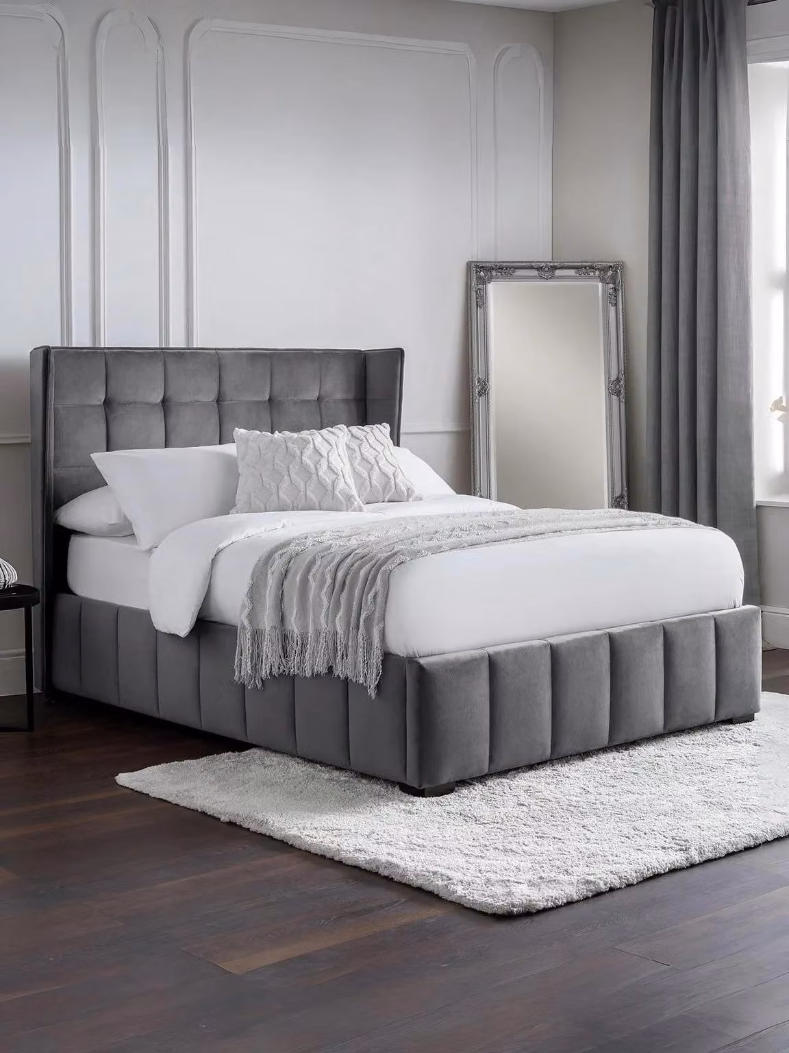 Julian Bowen Gatsby Ottoman Double Bed in Grey Velvet with Wing Headboard and Lift Up Base, H 205.0 x W 161.0 x D 128.0 cm