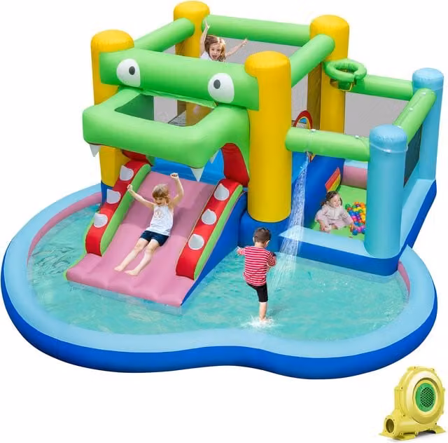 COSTWAY Inflatable Crocodile Water Park for Children in Green and Multicolour with Slide, Spray and Safety Net