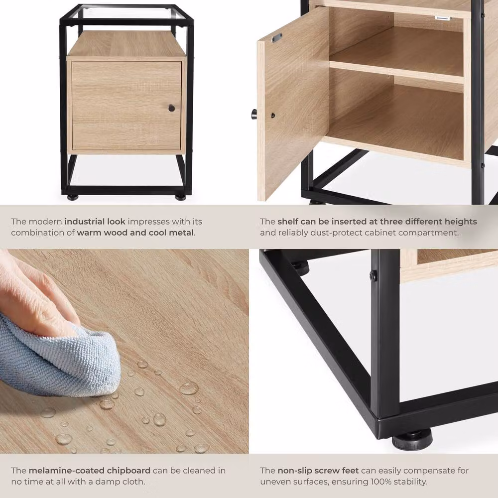 tectake Dudley Nightstand with 3 Shelves and Magnetic Door in Light Oak – 4