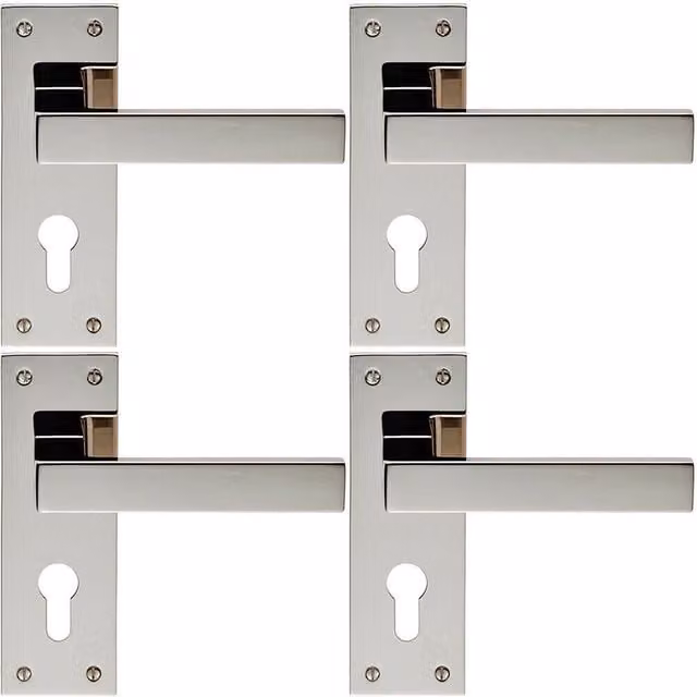 Loops 4 Pairs of Straight Square Lever on Euro Lock Backplate, Polished Nickel, W: 150 mm x H: 50 mm