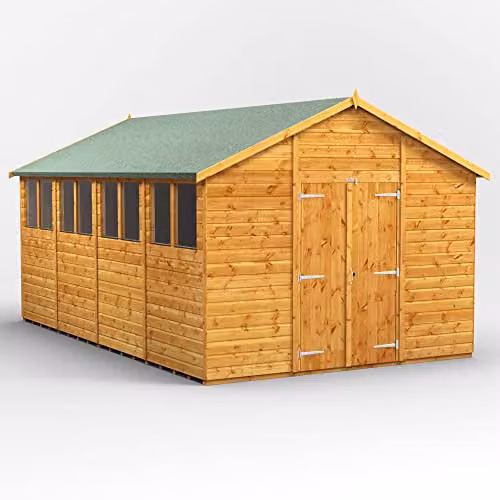 Powersheds Premium Apex Wooden Garden Shed in Natural Brown with Double Doors, 12mm Timber and Toughened Glass Windows