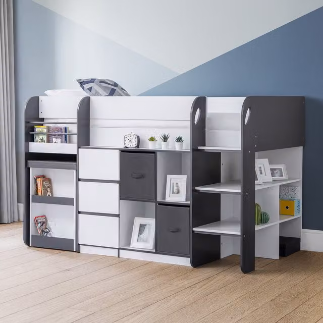 Julian Bowen Saturn Midsleeper Cabin Bed in White and Grey with Stairs and Drawers, W/D/H: 196 x 90 x 124 cm – 1