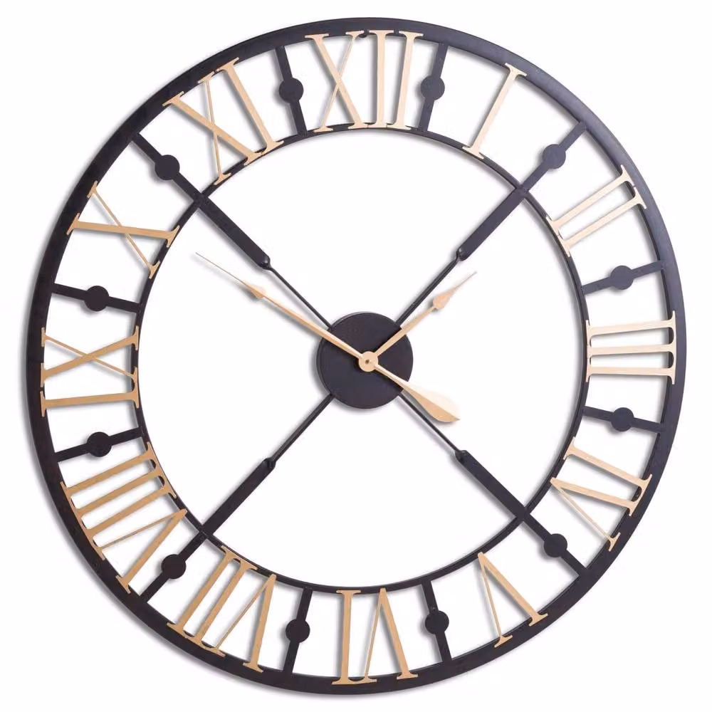 Wyld Haus Industrial Black and Gold Metal Round Quartz Wall Clock, Diameter: 95 cm – 2