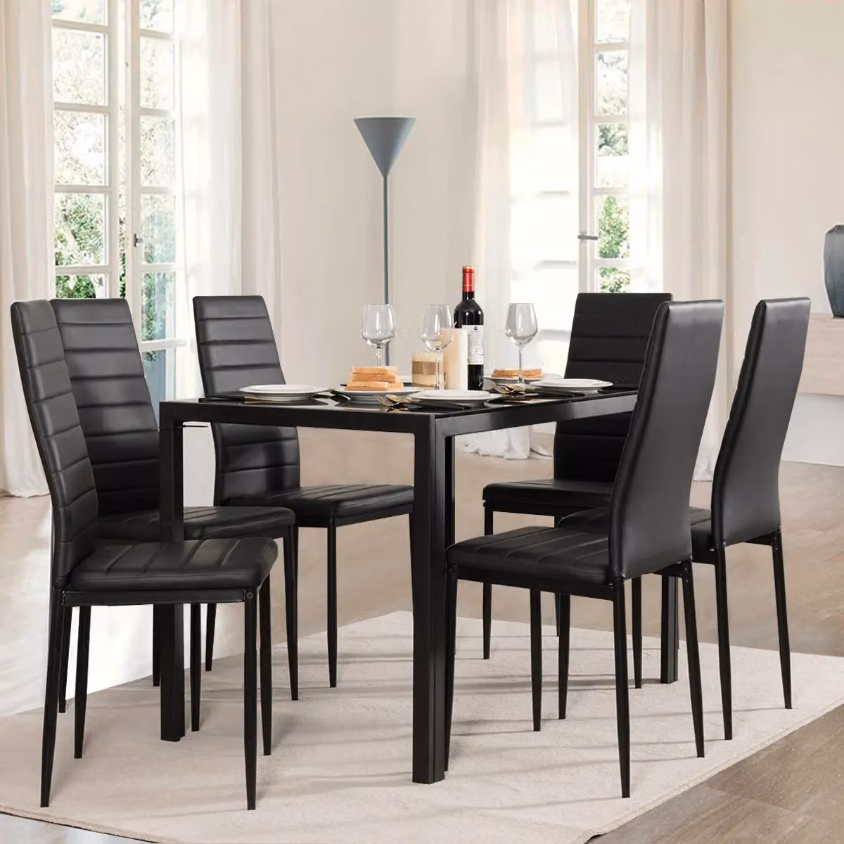 Costway Set of 6 Modern Dining Chairs in Black PVC Leather with High Back and Padded Seats – 3