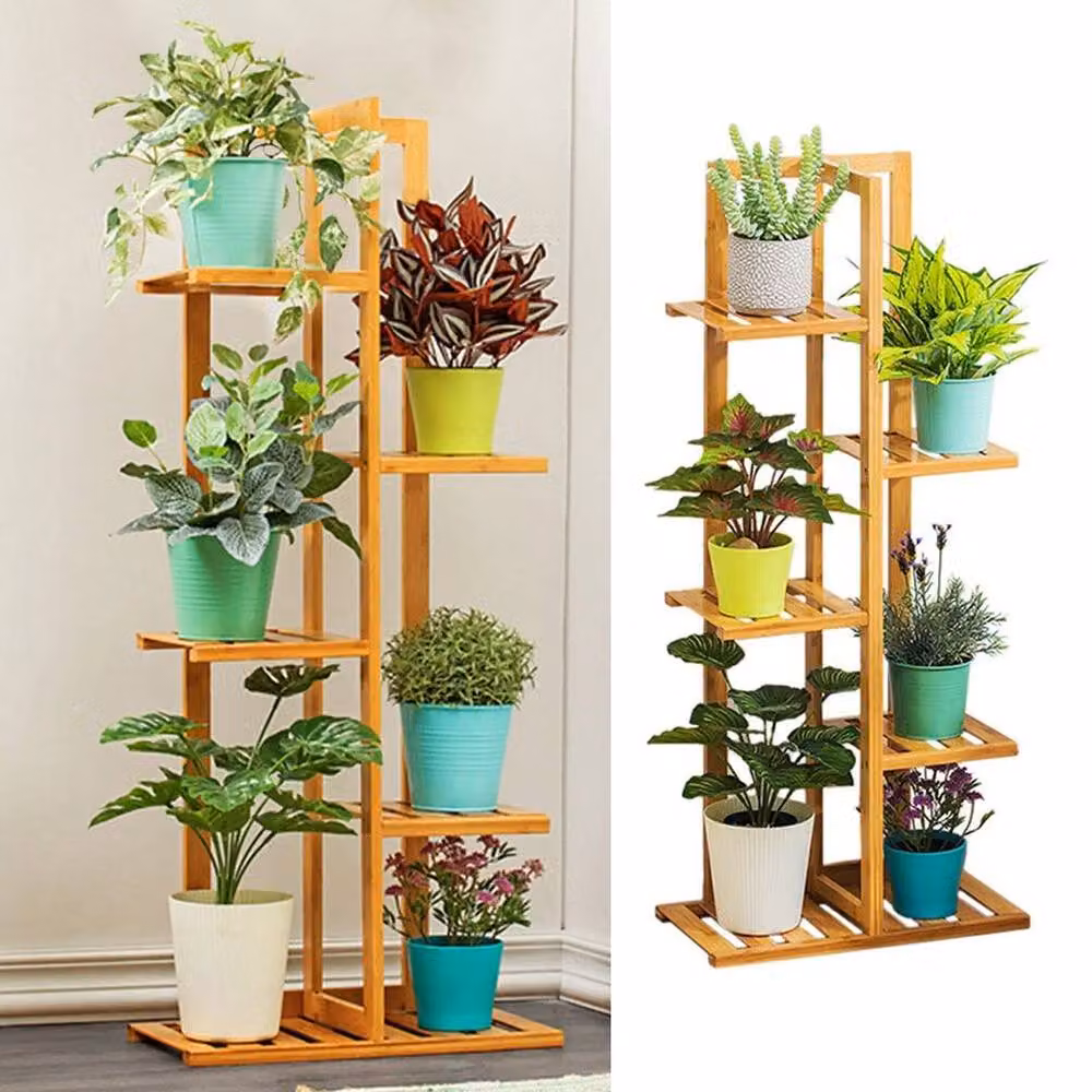 Kelvenix 5 Tier Wooden Plant Pot Stand Holder in Brown and Beige, H 103.0 cm x W 45.0 cm x D 22.0 cm – 3