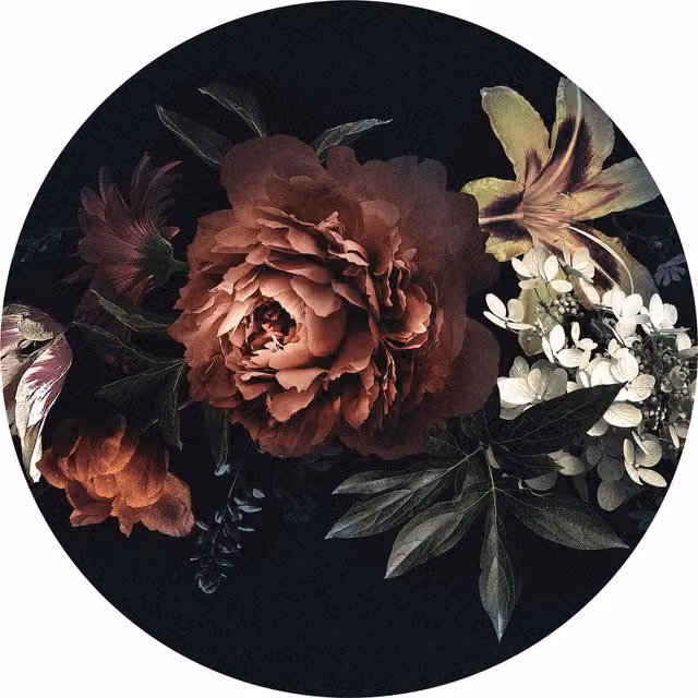 Vintage Floral Flower Bouquet Round Wall Mural in Black and Multicolour, W: 144 cm