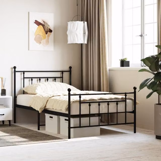 Berkfield Home Metal Bed Frame with Headboard and Footboard, Black, W/D/H: 100 x 200 cm