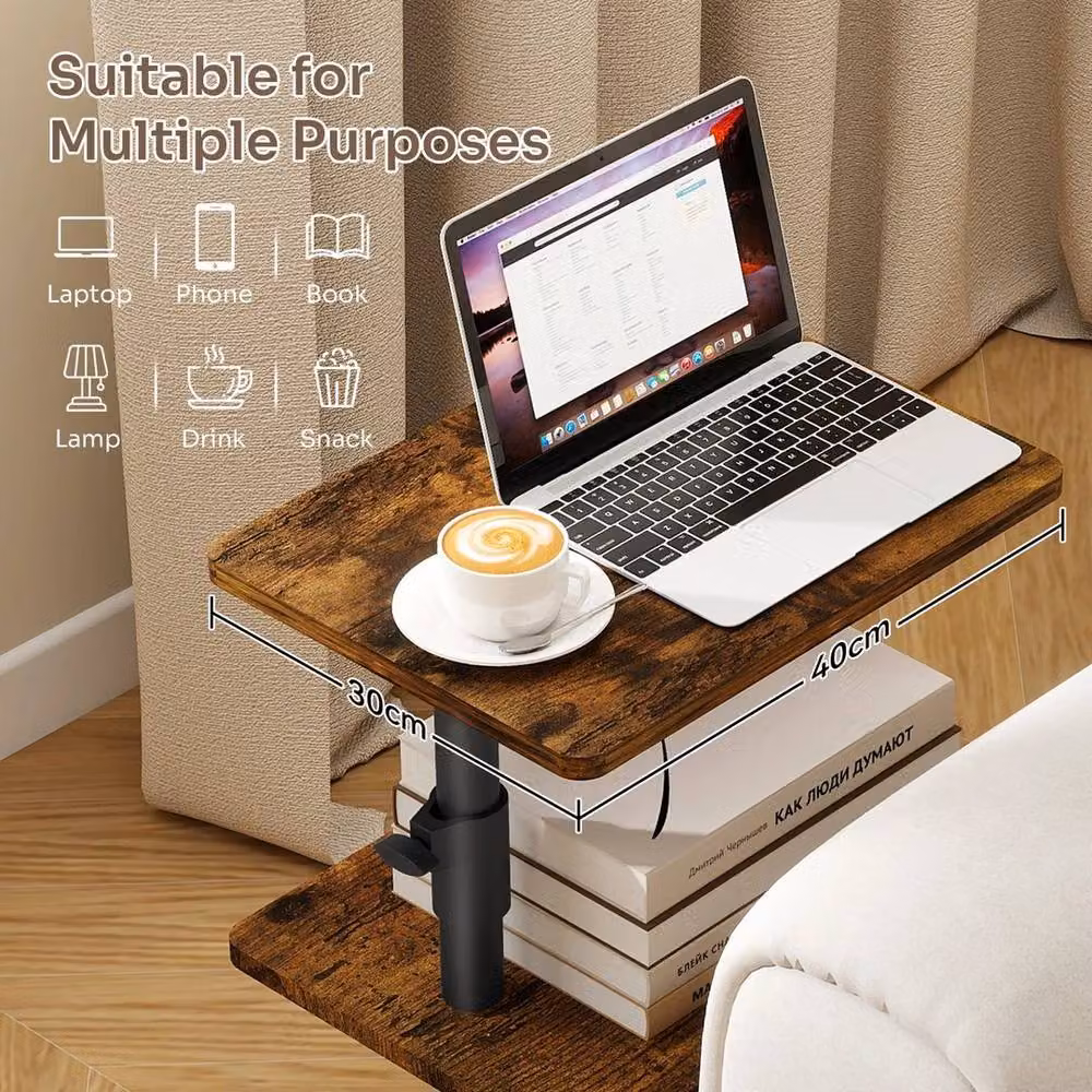 EONLION Height Adjustable 3 Tier Sofa Side Table with Rotating Top in Brown – 3
