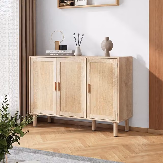 Livingandhome Scandinavian Style Three-Door Wooden Sideboard with Rattan Panels in Brown Matt Finish