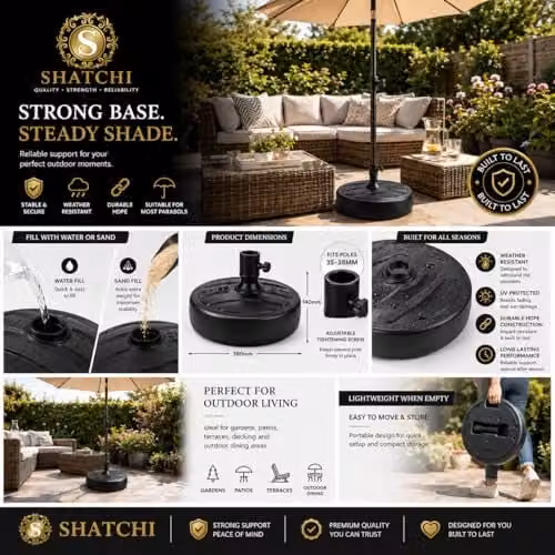 SHATCHI Black Plastic Fillable Parasol Base Stand for Garden Umbrellas – 11