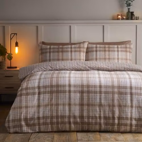 Catherine Lansfield Hamish Check Brushed Flannelette Single Duvet Cover and Pillowcase Set in Natural Beige – 1
