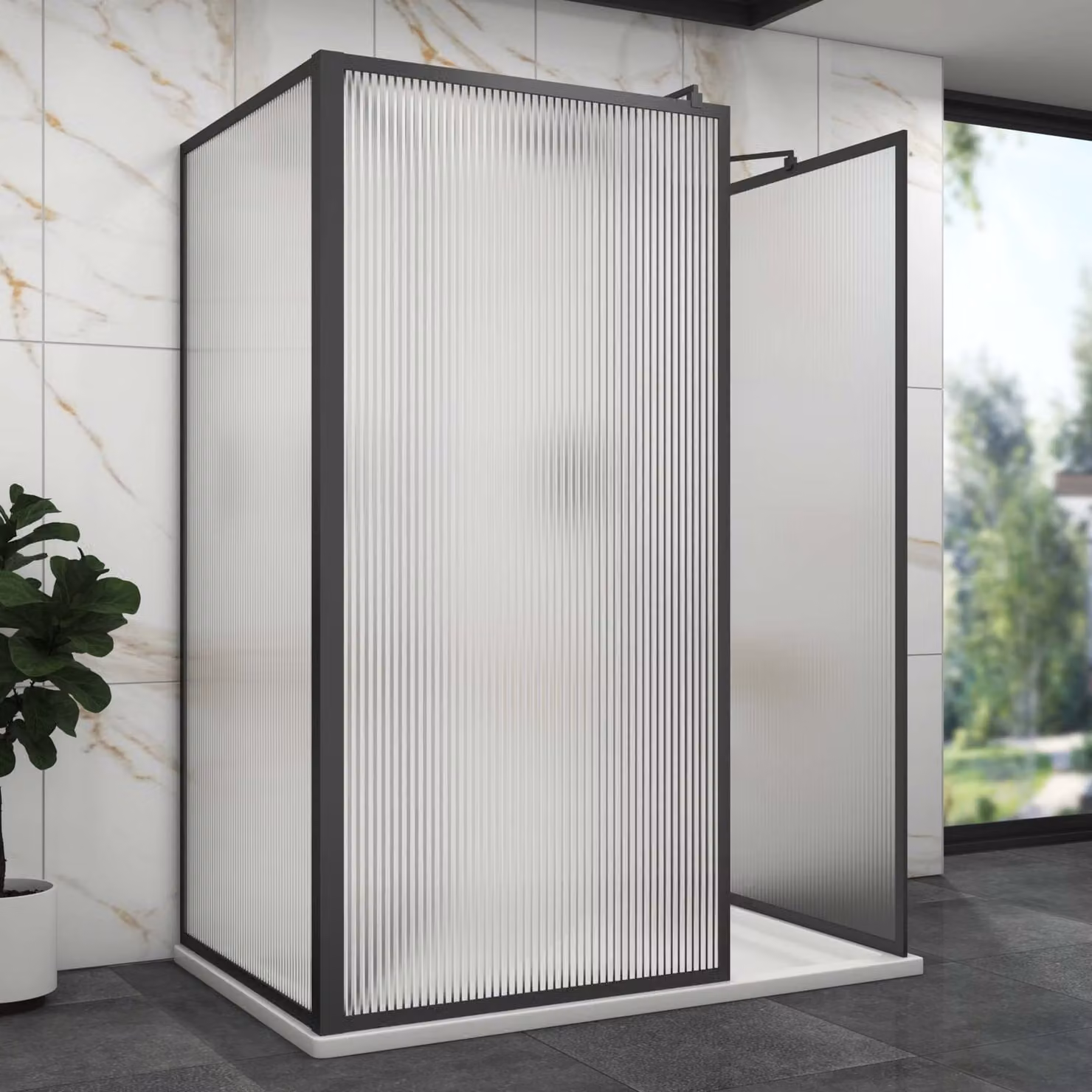 Luxor 3 Sided Walk In Fluted Shower Enclosure with Matt Black Frame and Easy Clean 8mm Glass, W/D: 170 x 76 cm