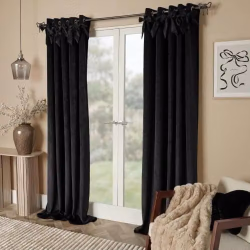OHS Black Velvet Eyelet Curtains, Pair of Fabric Panels, Width: 167.64 cm, Drop: 228.6 cm
