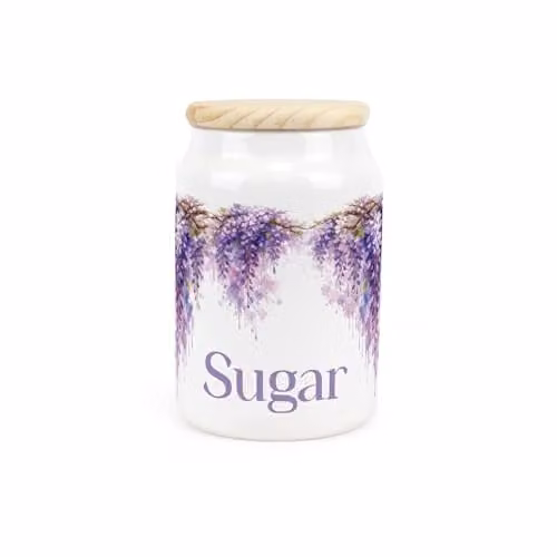 Purely Home Purple Wisteria Floral Ceramic Sugar Canister with Wooden Lid, 600ml, H: 14.5 cm, W: 9.5 cm