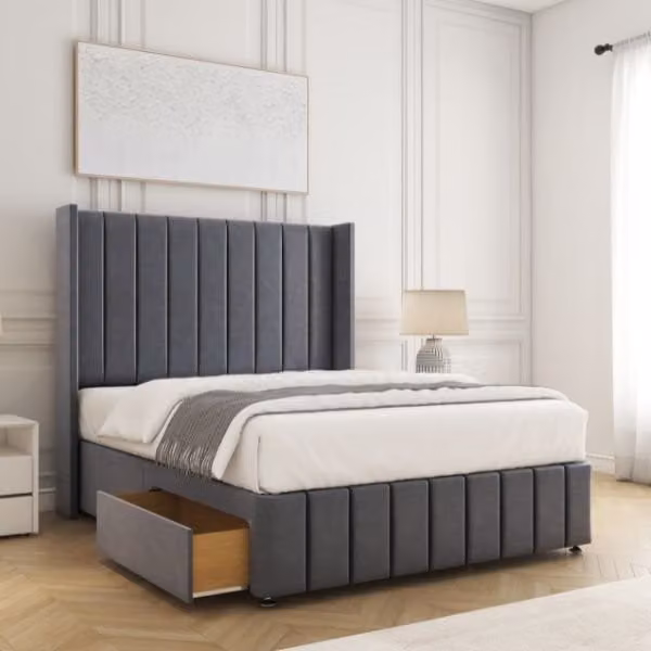 BSSPOKE Zoe Small Double Divan Bed with 54 inch Headboard, 2 Drawers and Footend in Charcoal Grey Plush Velvet, W/D/H: 120 x 200 cm