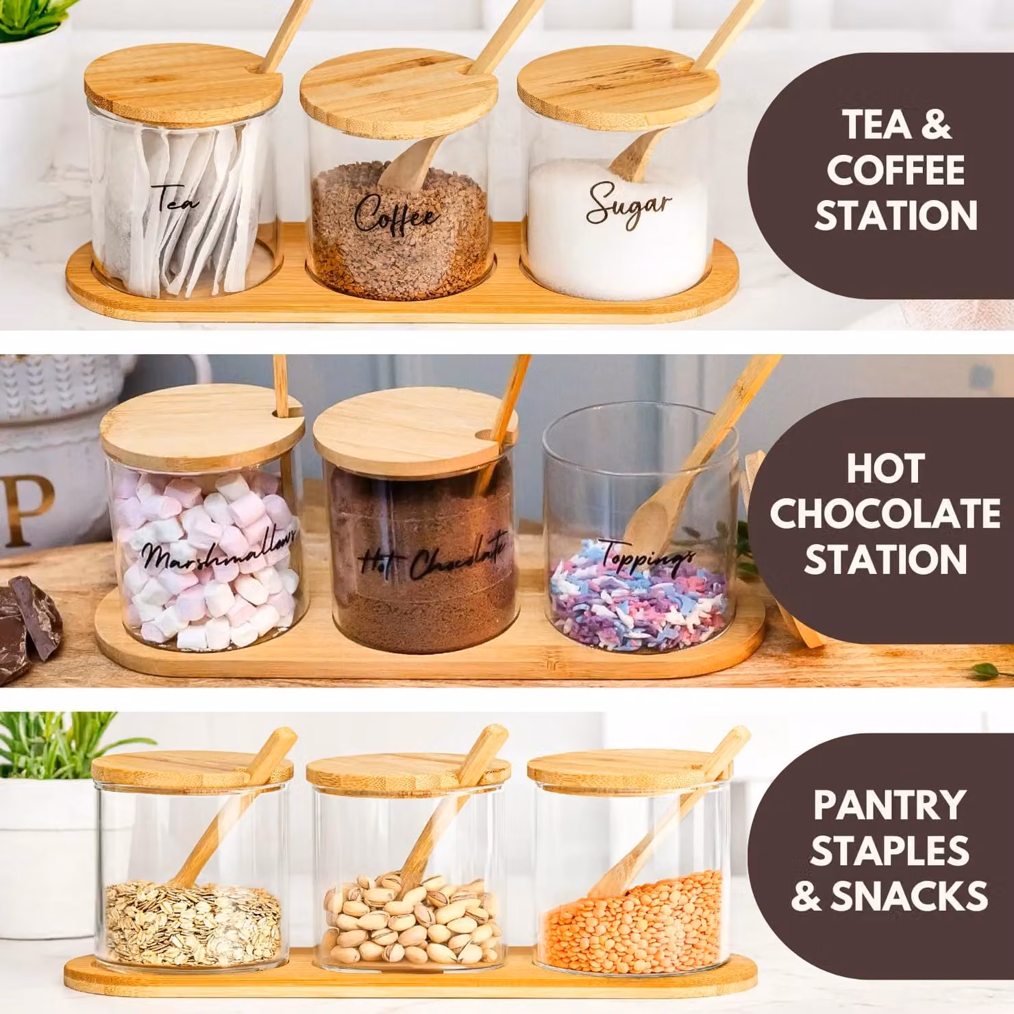 Marco Paul 3-Piece Tea, Coffee and Sugar Canister Set in Brown with Glass and Wood – 2
