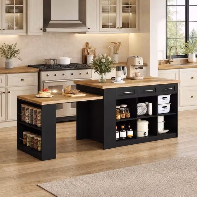 STILVORA Modern Black Wood Kitchen Island with Extendable Dining Table and Storage