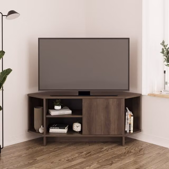 Bimossa Teo Modern Corner TV Stand in Dark Walnut Brown