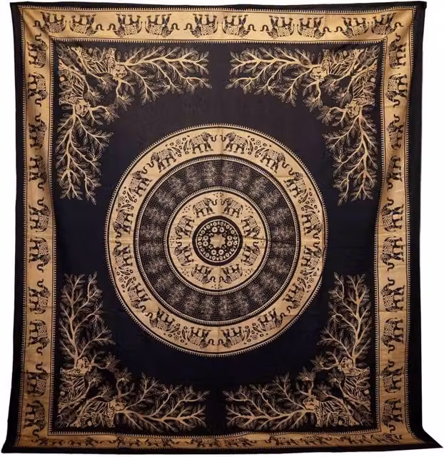 KDMD Elephant Jungle Double Cotton Bedspread and Wall Hanging Set in Black and Gold