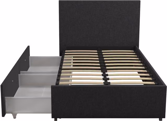 Novogratz Modern Upholstered Kelly Bed with Side Compartment Storage in Grey, W/D/H: 90 x 190 cm
