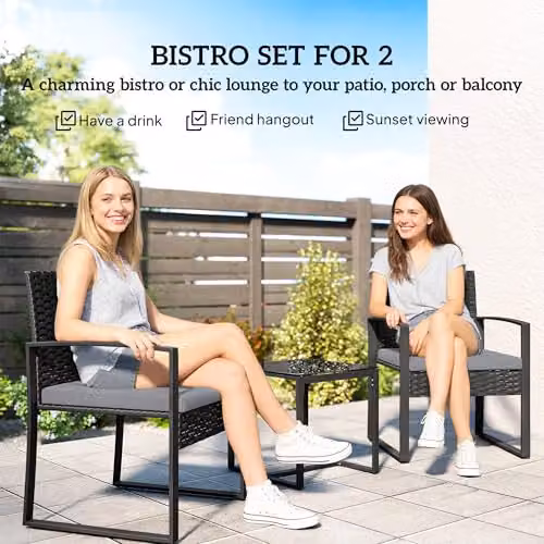 Outsunny 3 Piece Grey PE Rattan Bistro Set with Upholstered Cushions for Garden and Terrace – 3