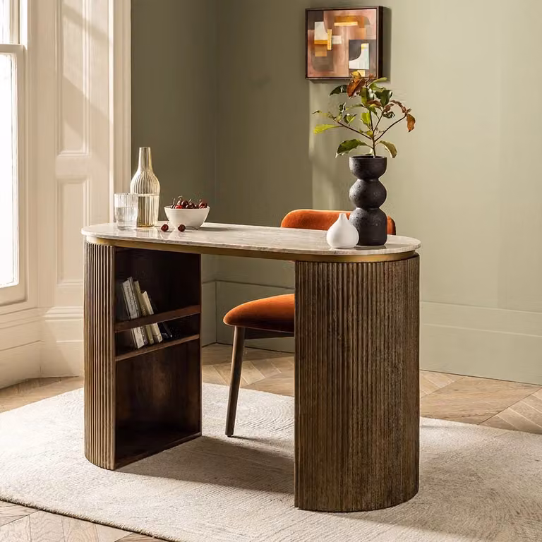Atkin & Thyme Rondo Marble Writing Desk in White and Brown with Mango Wood, W/D/H: 120 x 50 x 76 cm