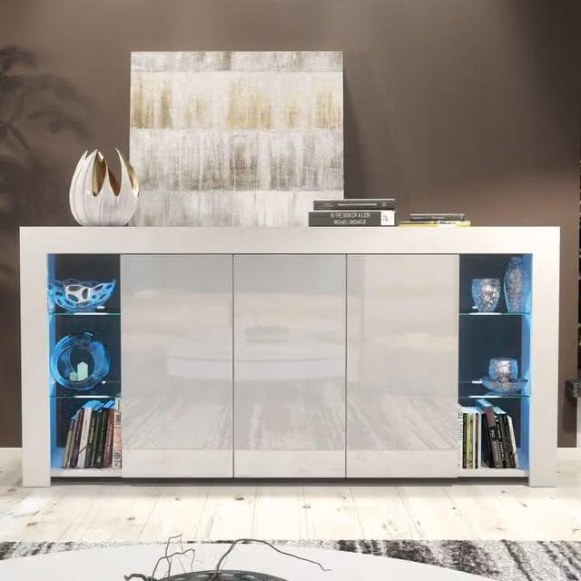 Mex Furniture LTD Modern Glossy Sideboard with Integrated LED Lighting in Light Grey, W: 164 cm, H: 83 cm, D: 35 cm
