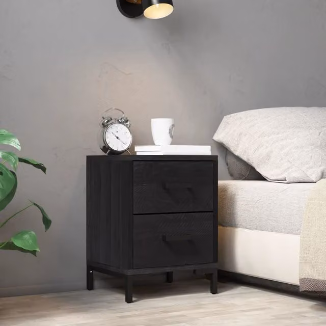 Berkfield Home Black Vintage Solid Pinewood Bedside Cabinet W/D/H: 36 x 30 x 45 cm