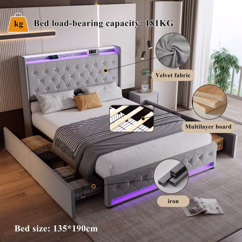 Merax Grey Velvet Upholstered Double Storage Bed Frame with 4 Drawers, LED Lighting and USB Charging Headboard, W/D/H: 140 x 200 x 115 cm – 4