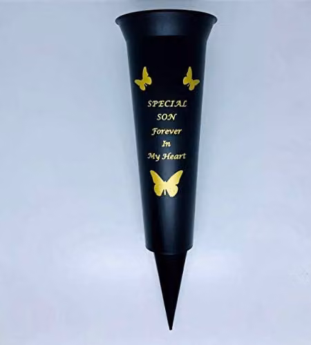 David Fischhoff Memorial Grave Spiked Flower Vase, Son Verse, Black and Gold Plastic – 1