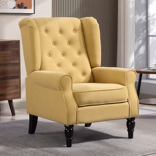 HOMCOM Retro Wingback Accent Chair in Yellow with Solid Wood Frame – 1