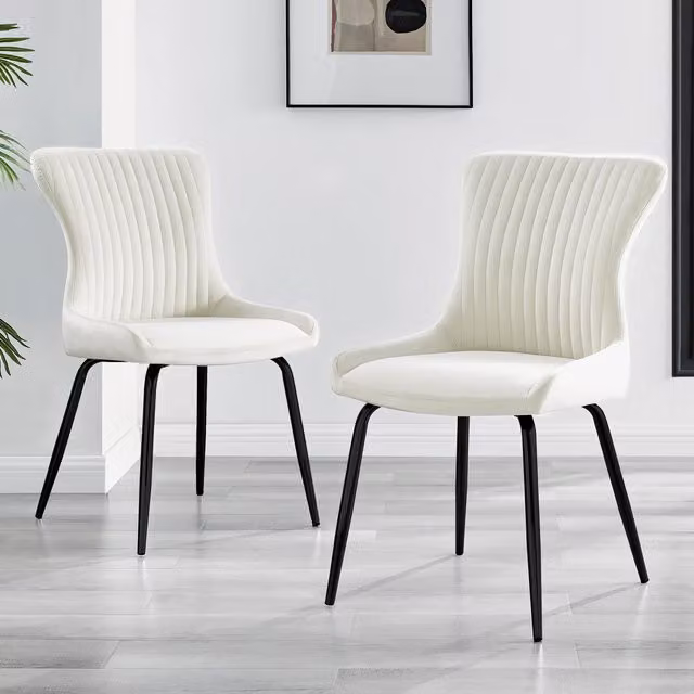 FurnitureboxUK Set of 2 Nora Deep Padded Luxurious Dining Chairs Upholstered in Cream Velvet with Black Metal Legs