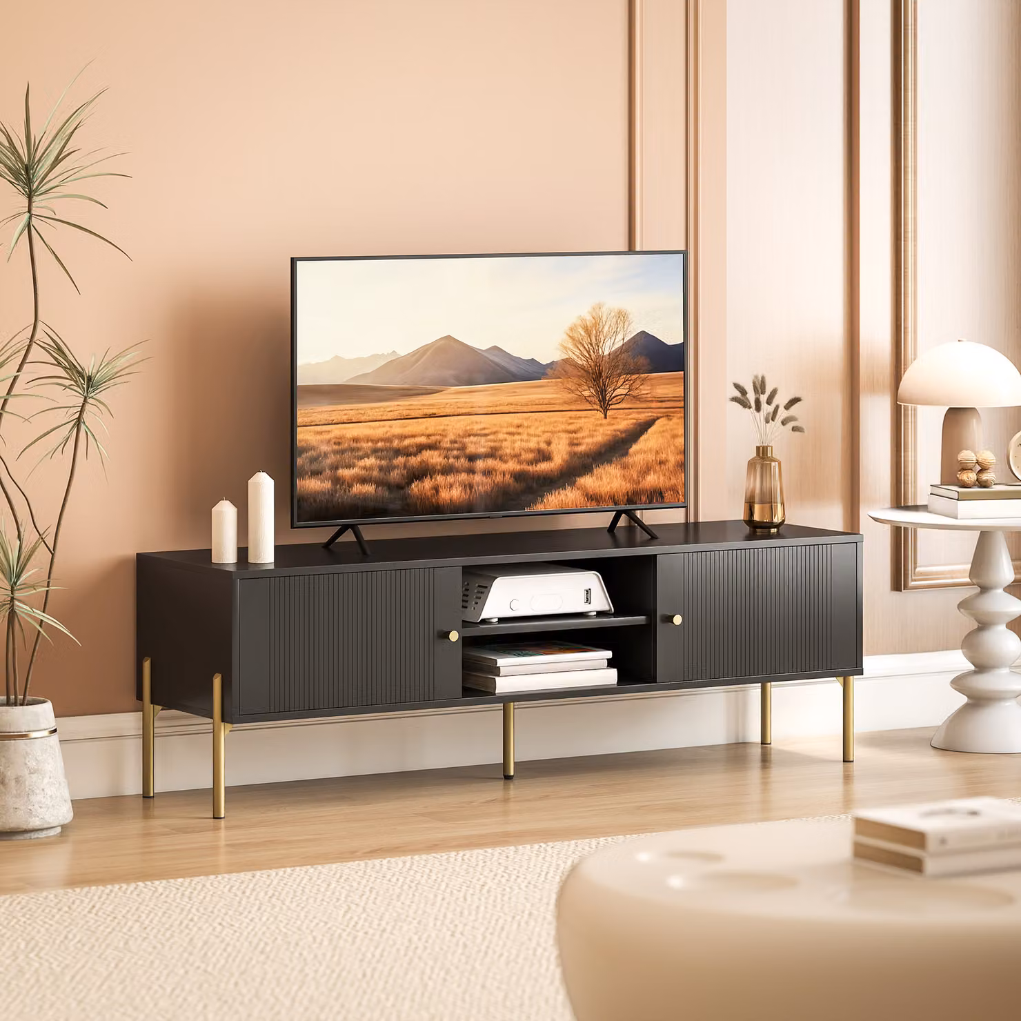 HOMCOM Modern Geometric TV Stand for TVs up to 65 inch with 2 Open Shelves, 2 Cabinets and Metal Legs in Black and Gold – 2