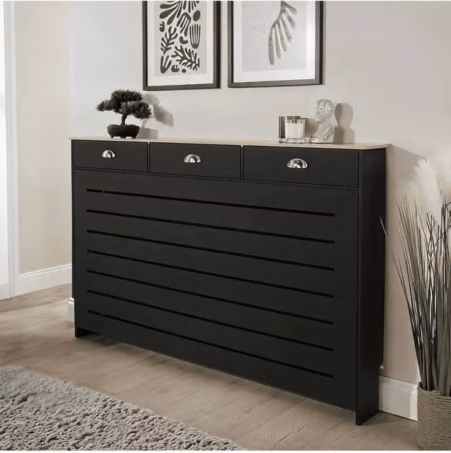 Home Source Batley Large Radiator Cover in Black MDF Wood, W/D/H: 151 x 19 x 96 cm – 1