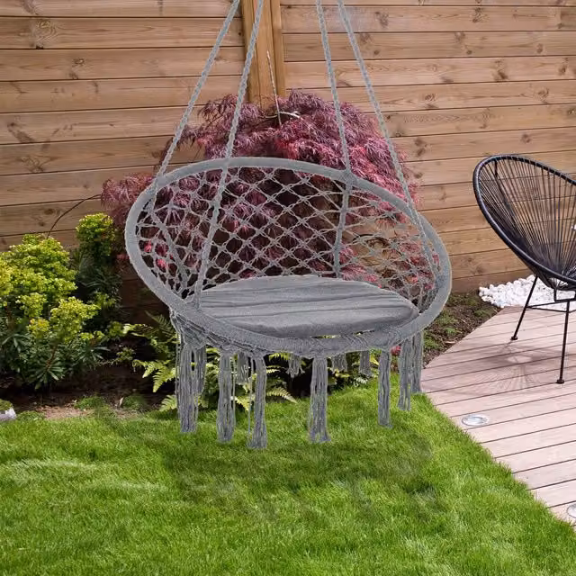 Outsunny Boho Macrame Swing Hammock in Grey with Cotton-Polyester Blend Fabric and Metal Frame