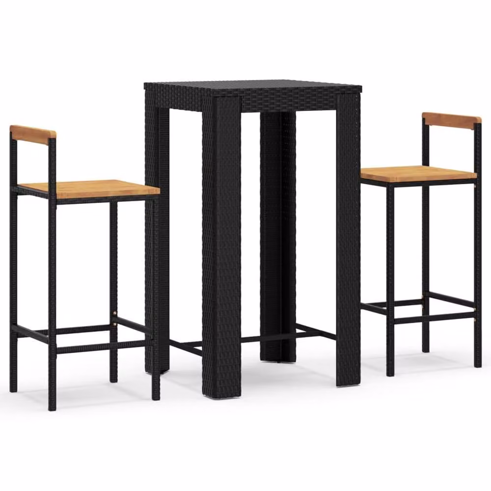 Berkfield Home 3 Piece Garden Bar Set in Black Poly Rattan and Solid Acacia Wood – 2