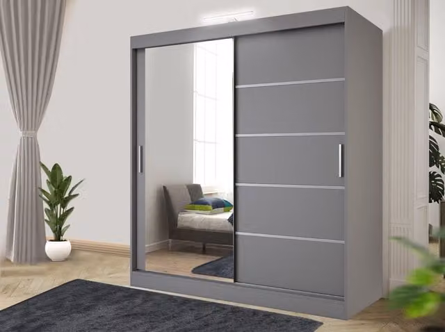 RAC3 Modern Grey Sliding Door Wardrobe with Mirror, LED Lighting and Integrated Drawers, Width: 150 cm