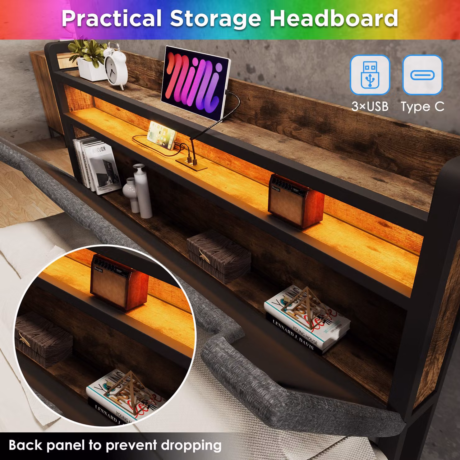Aosom UK Grey Upholstered Single Storage Bed with LED Lighting, USB Type-C Charging and Drawers, W/D/H: 92 x 208 x 110 cm – 4