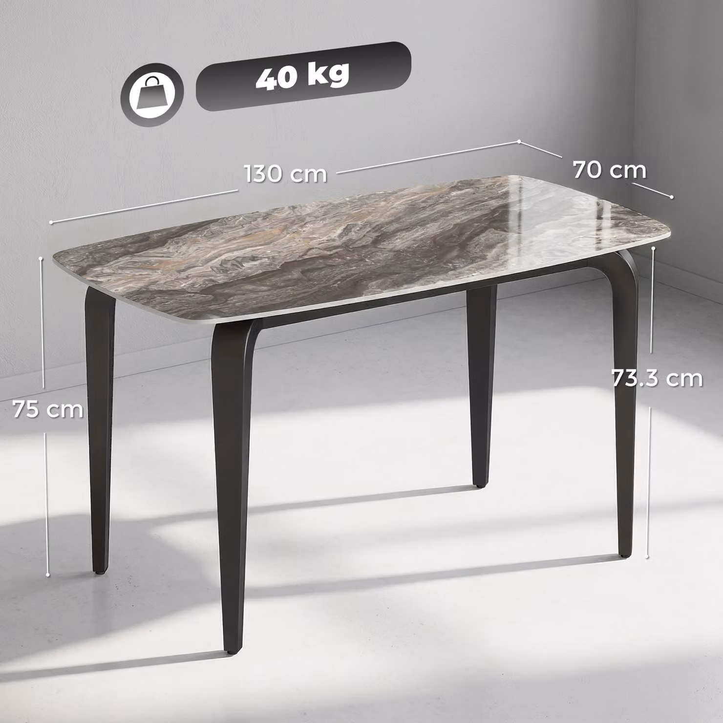 HOMCOM Modern Rectangular Dining Table for 4 with Brown Glossy Ceramic Sintered Stone Top and Black Metal Legs, W/D/H: 130 x 70 x 75 cm – 3