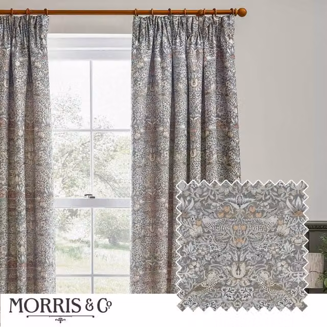 Morris & Co. Strawberry Thief Jacquard Floral Pencil Pleat Curtains, Beige, Width: 168 cm, Drop: 183 cm – 1